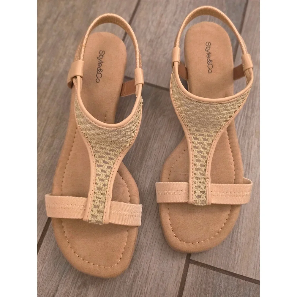 Style & Co Vacanzaar Nude Beige Crochet Wedge Sandals Elastic Slingback 9.5M